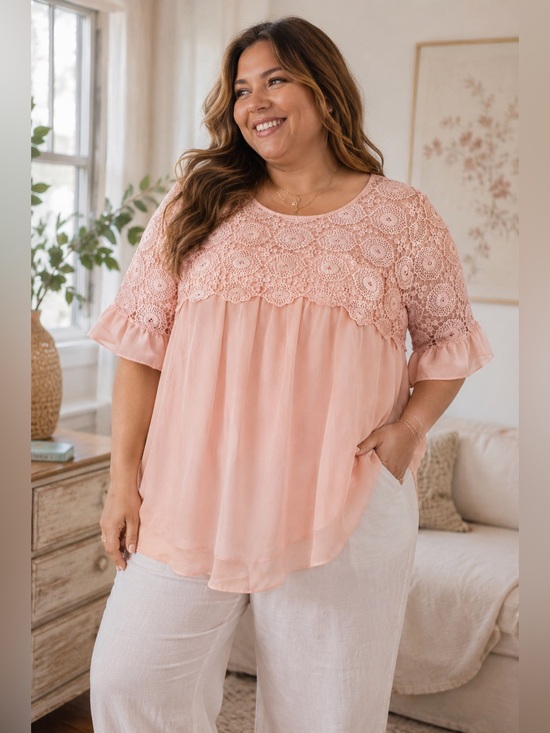 Simply Couture Tops - Simply Couture Blush Pink Lace Chiffon Tunic Top 3/4 Sleeve Plus Size 3XL NWT